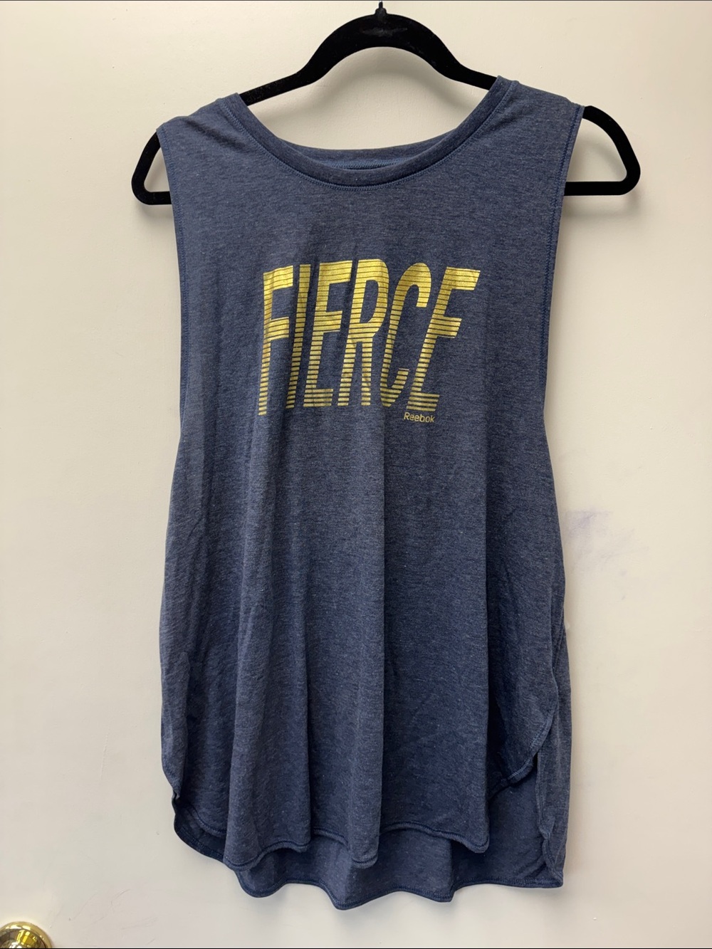 Reebok Women’s Blue Muscle Tee with Yellow FIERCE Print